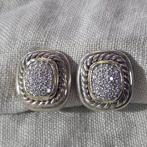 David Yurman Pave Diamond Albion Earrings, SS & 14k, Omega Backs